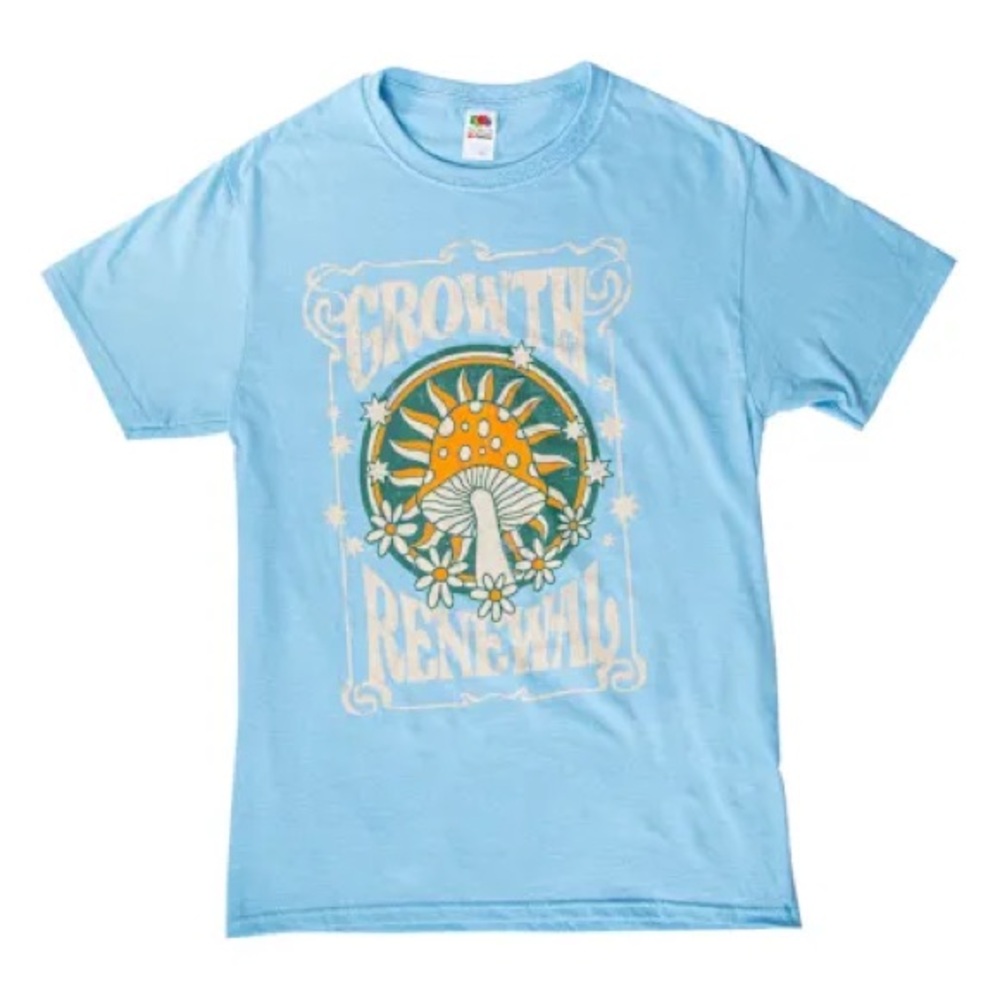 Fruit of the Loom 'Growth Renewal' Mushroom Graphic Tee, Pastel Blue, M, NWT